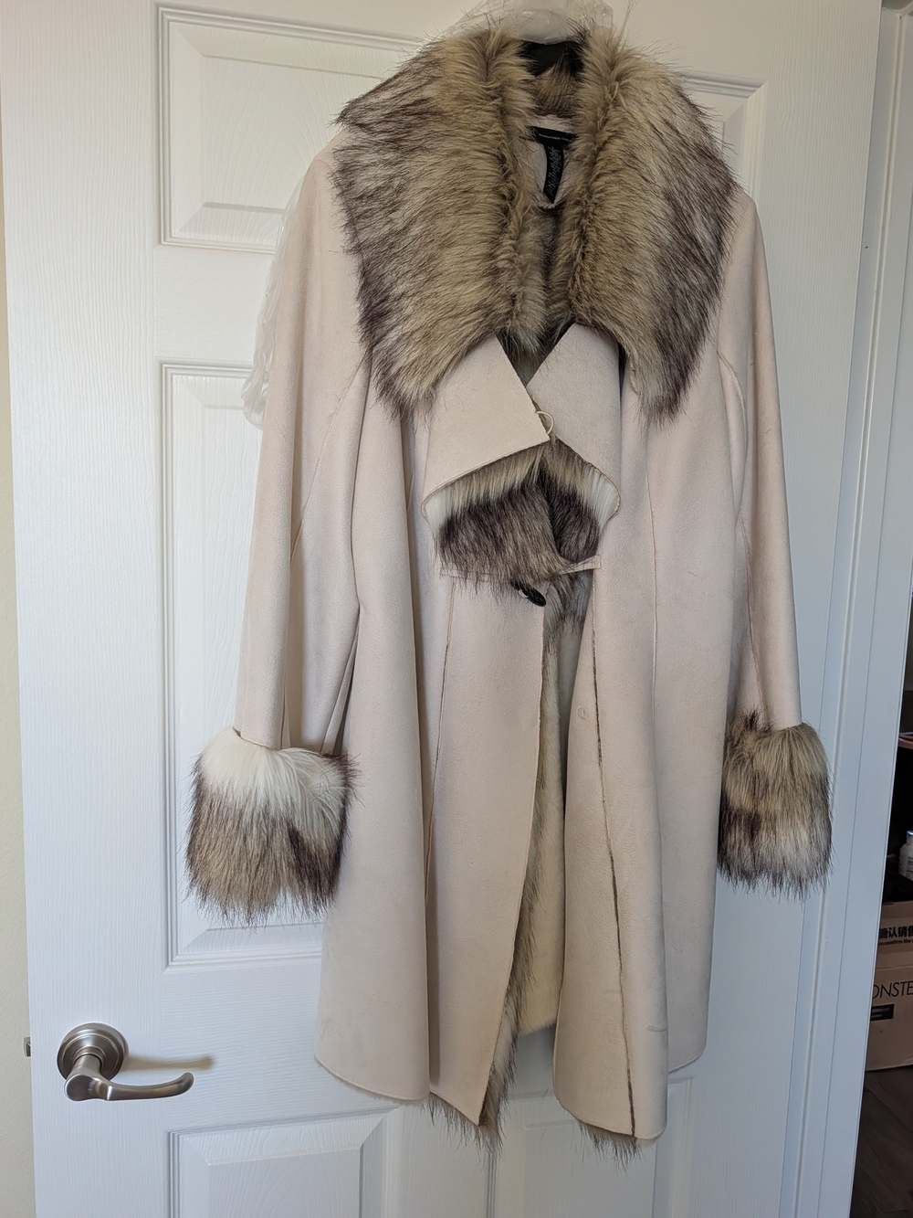 INC International Concepts Cream Coat with Faux-Fur Trim